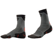 A pair of athletic crew socks in gray and black with small red accents, displayed on a clean white background.