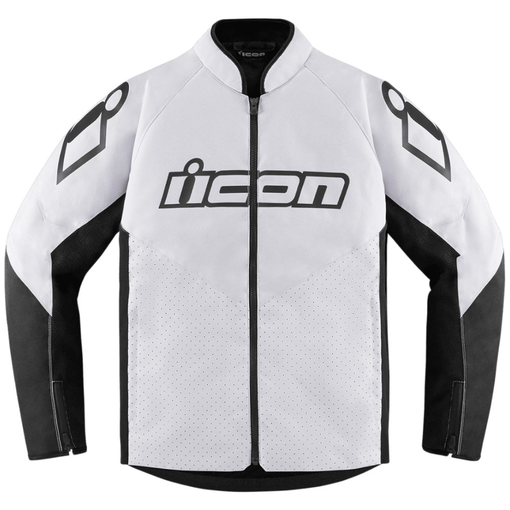 A white and black Icon motorcycle jacket with a perforated mesh front panel, full-length front zipper, and the 'icon' logo across the chest.