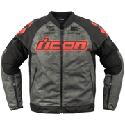 Gray and black motorcycle jacket with red accents and visible branding on a white background