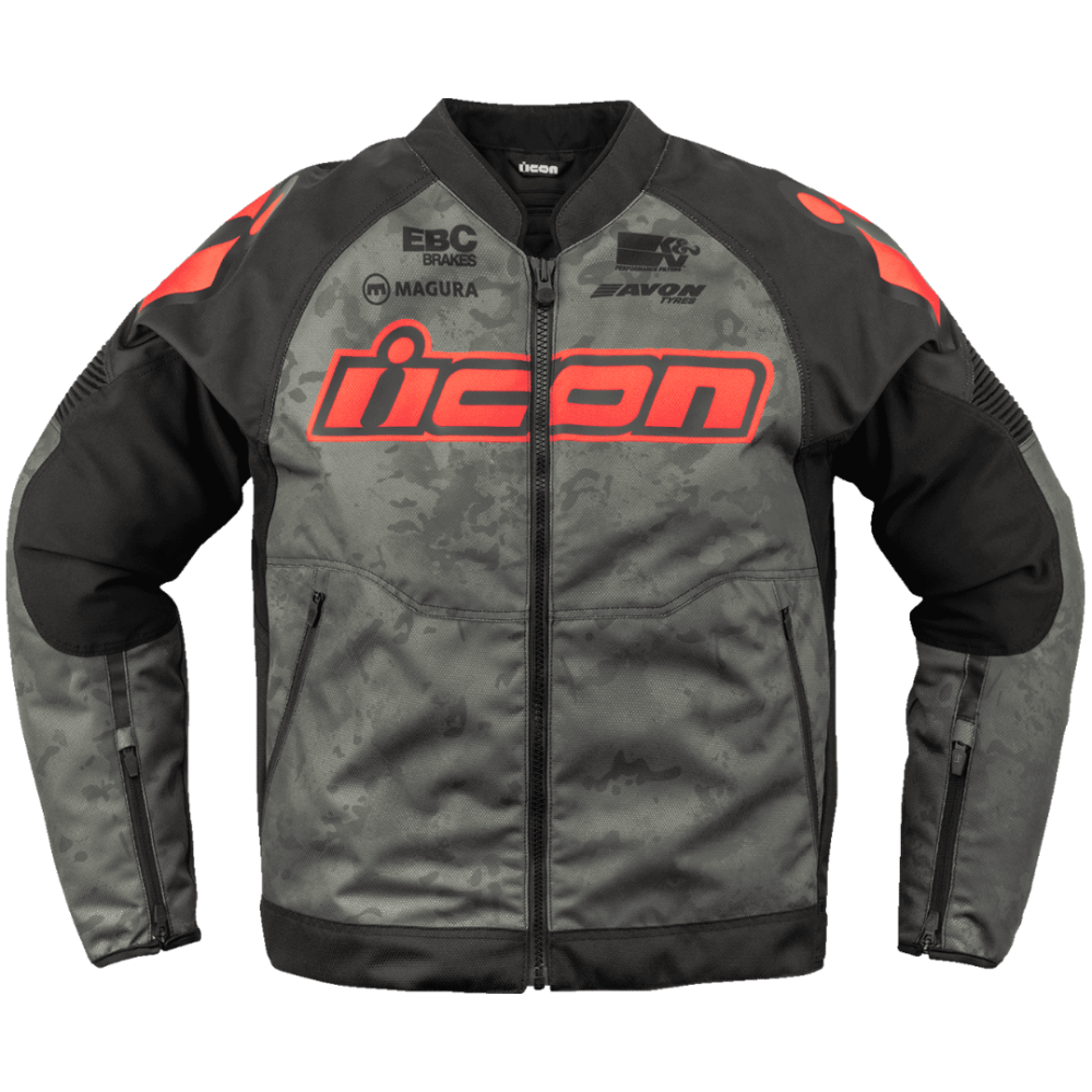 Gray and black motorcycle jacket with red accents and visible branding on a white background