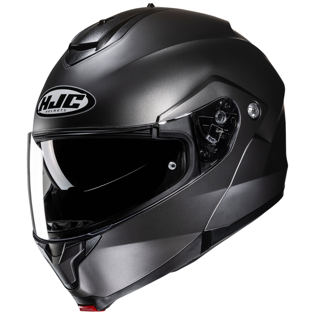 Titanium colored motorcycle helmet with HJC logo on a white background