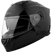 A glossy black full-face motorcycle helmet with a clear visor, shown from a three-quarters angle on a white background. The brand name 'RMX' is visible on the side of the helmet.