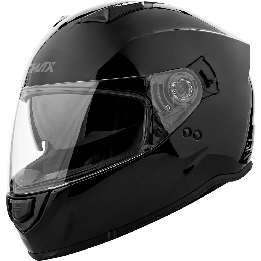 A glossy black full-face motorcycle helmet with a clear visor, shown from a three-quarters angle on a white background. The brand name 'RMX' is visible on the side of the helmet.