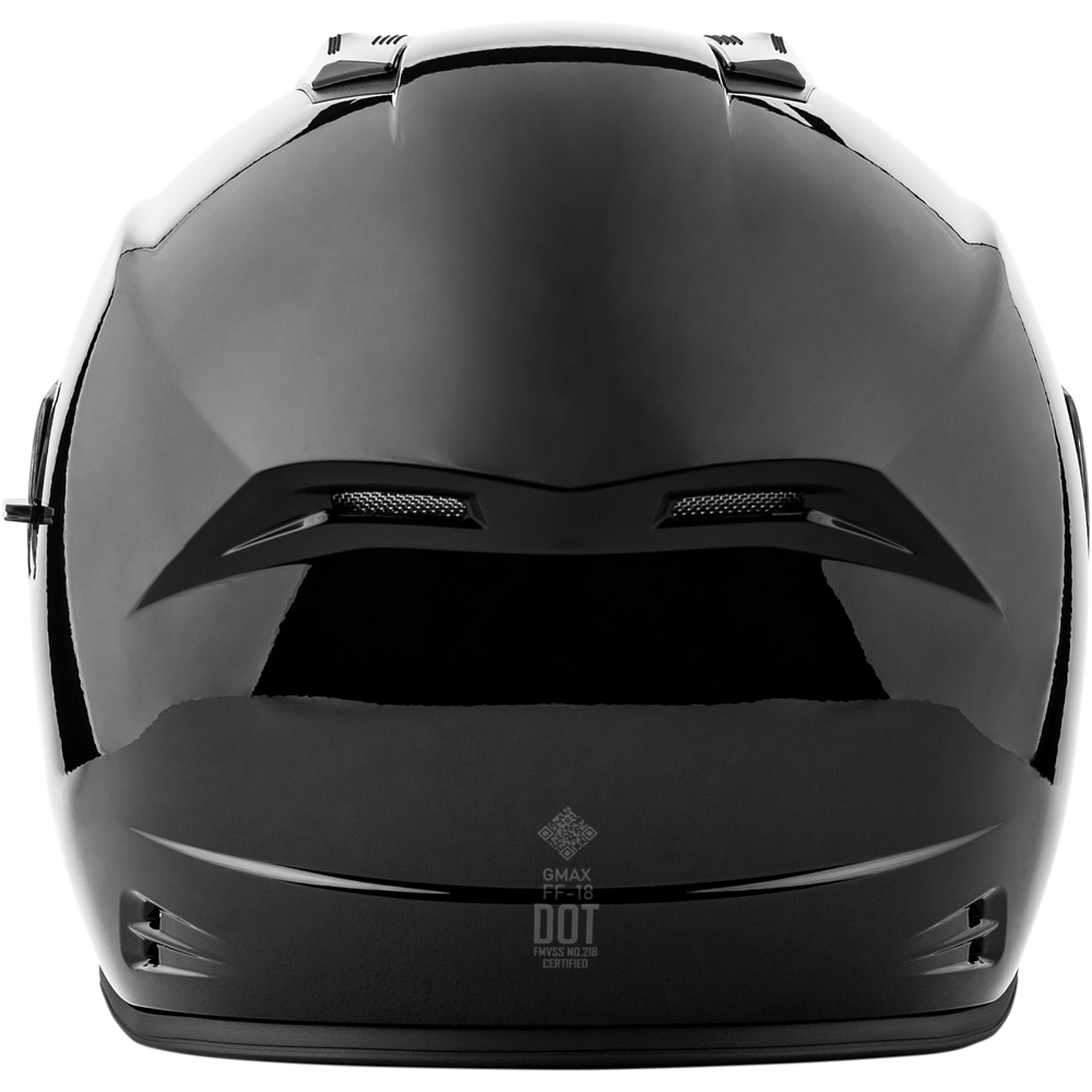 A glossy black full-face motorcycle helmet shown from the front against a plain white background, featuring a clear visor and visible DOT 13 certification logo on the lower front.