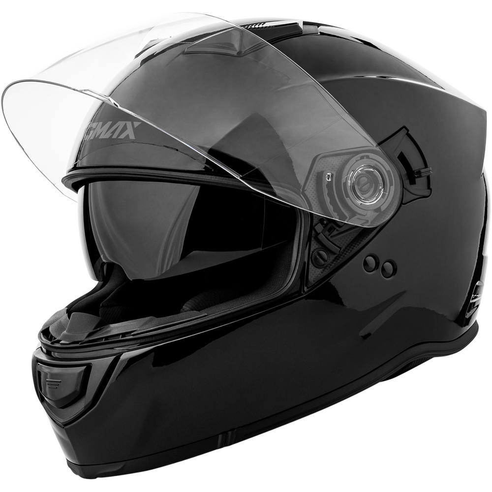 Black motorcycle helmet with clear visor on a white background