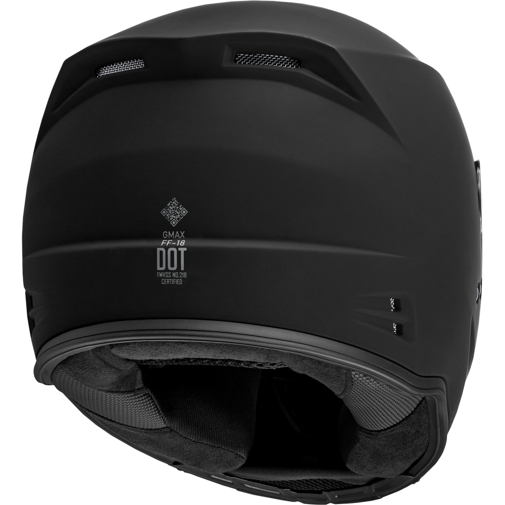 Matte black full-face motorcycle helmet with visible interior padding, ventilation slots, and a printed DOT certification mark on the side, shown against a plain white background.