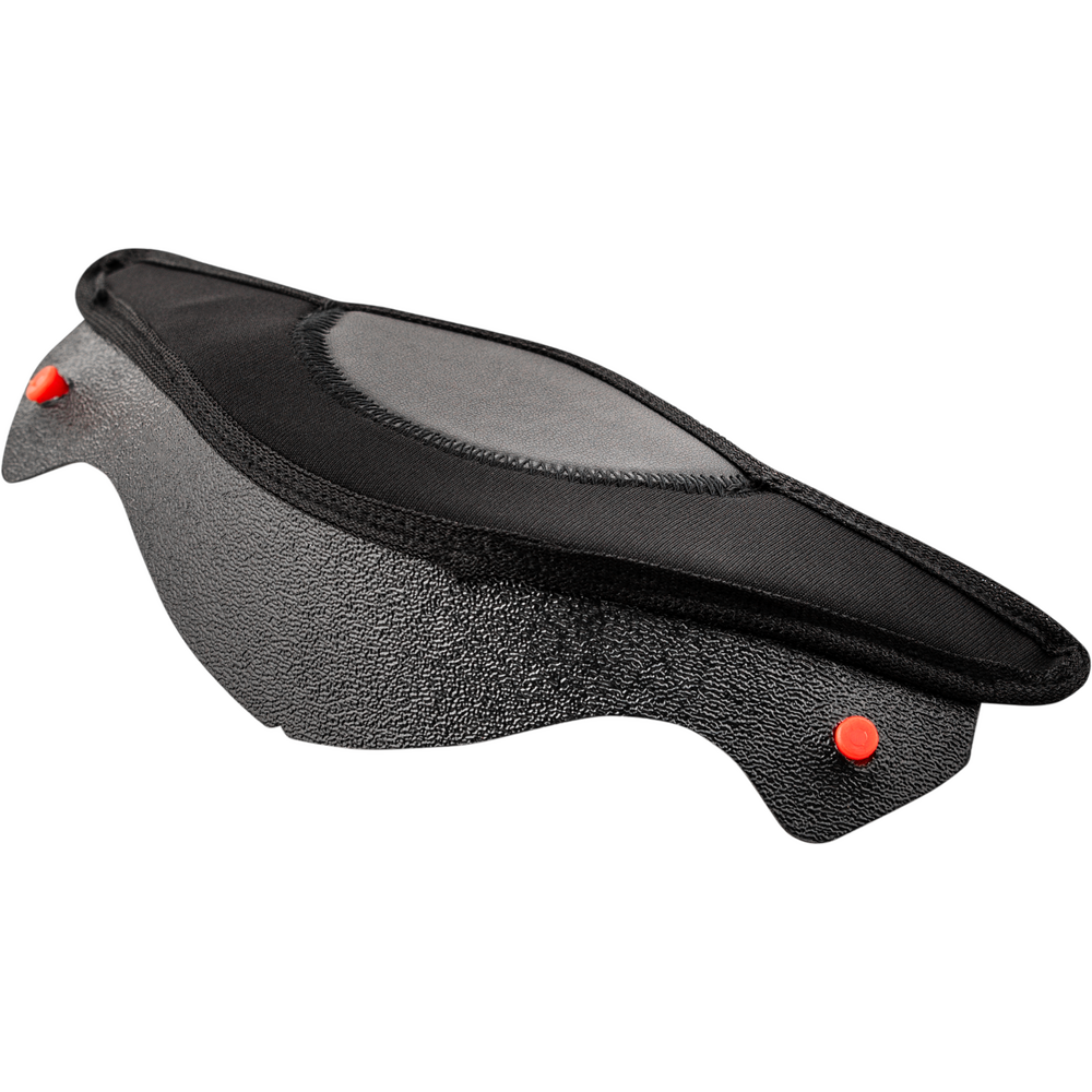 A black motorcycle helmet breath box two small red fasteners, shown on a plain white background.
