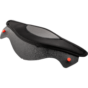 A black motorcycle helmet breath box two small red fasteners, shown on a plain white background.