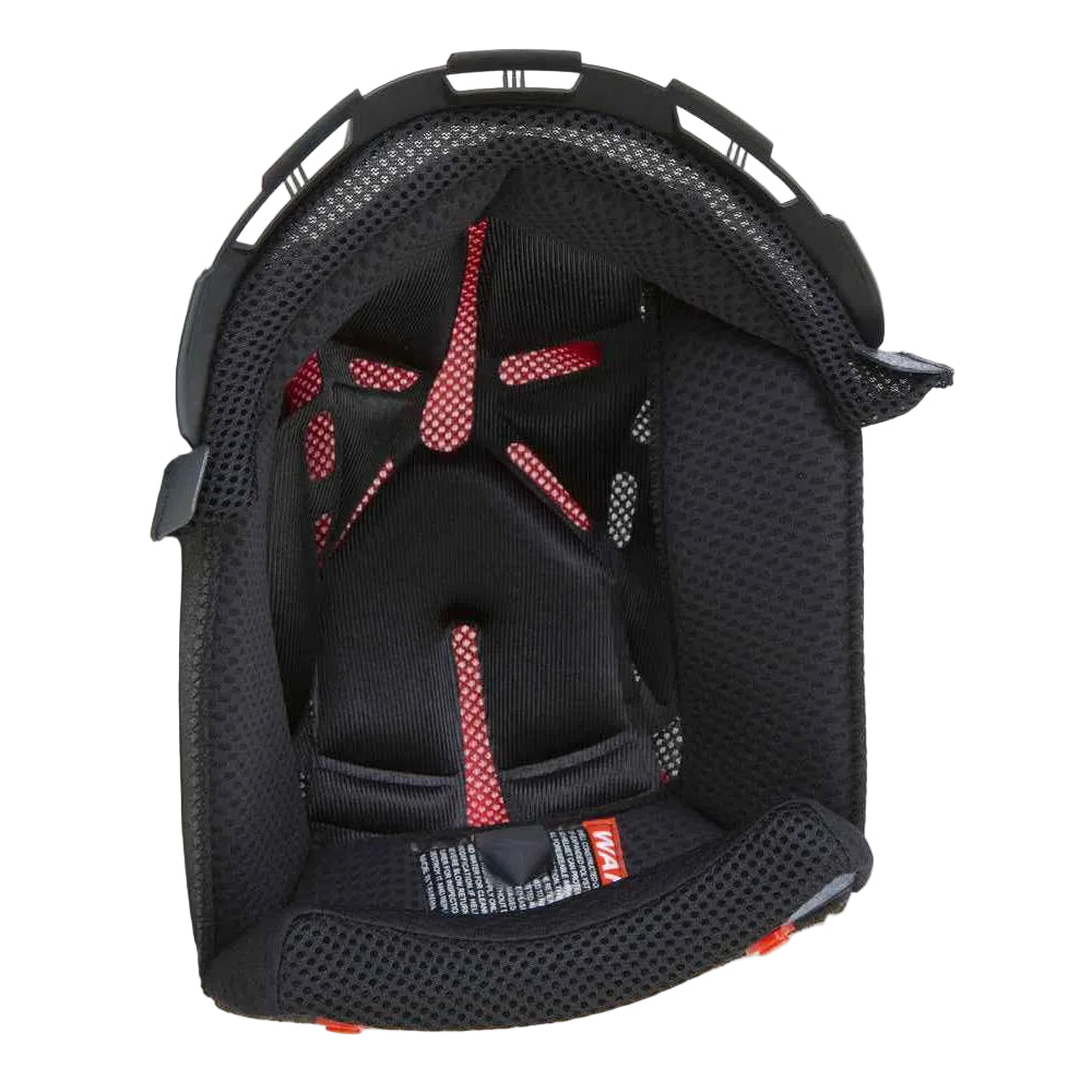 Black helmet liner with red interior on a white background
