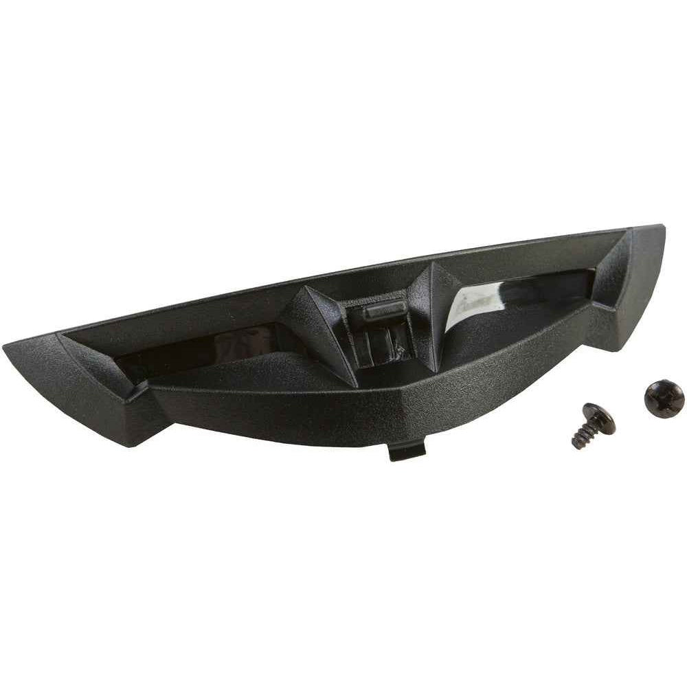 Black plastic component with two screws on a white background