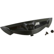 Black plastic component with two screws on a white background