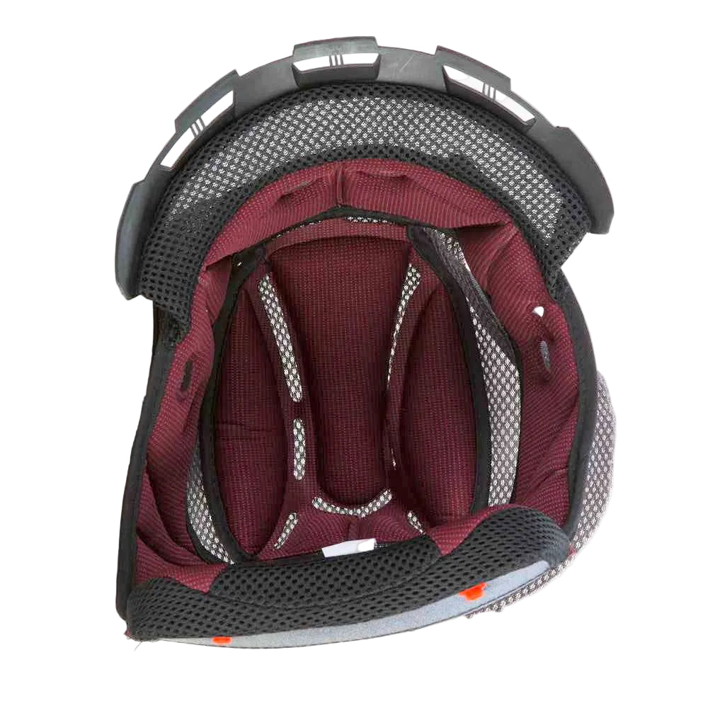 Helmet interior with red lining and black and gray exterior on a white background