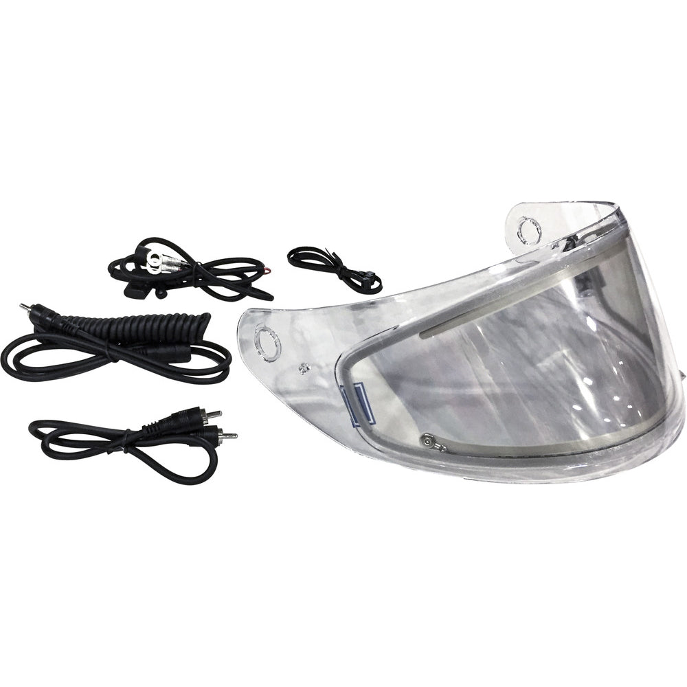 Clear visor with coiled black cable on a white background