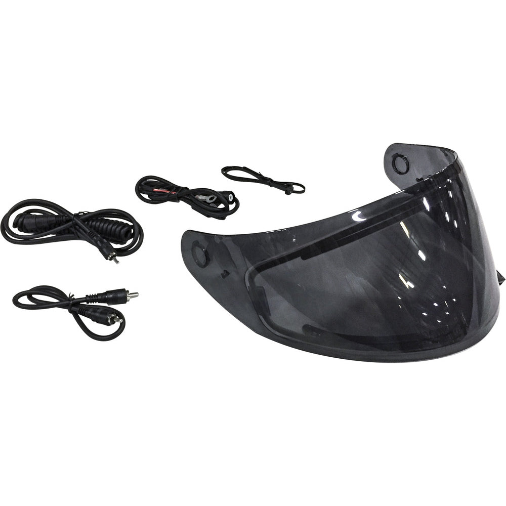 Black motorcycle visor with three cables on a white background
