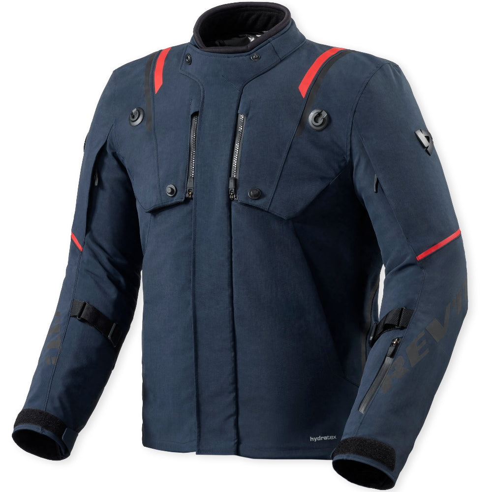 A black motorcycle jacket with red accent lines on the shoulders and upper arms, displayed on a light gray background.