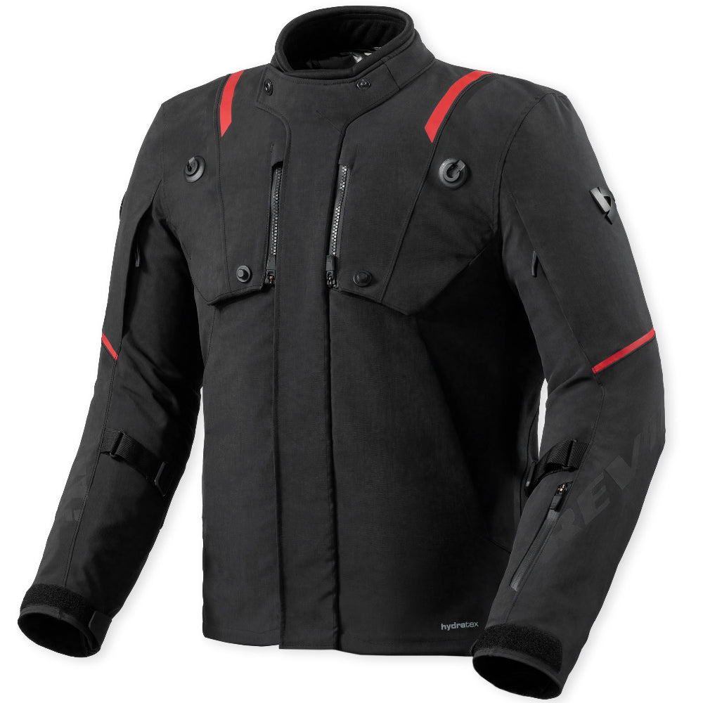 A black motorcycle jacket with red accent lines on the shoulders and upper arms, displayed on a light gray background.