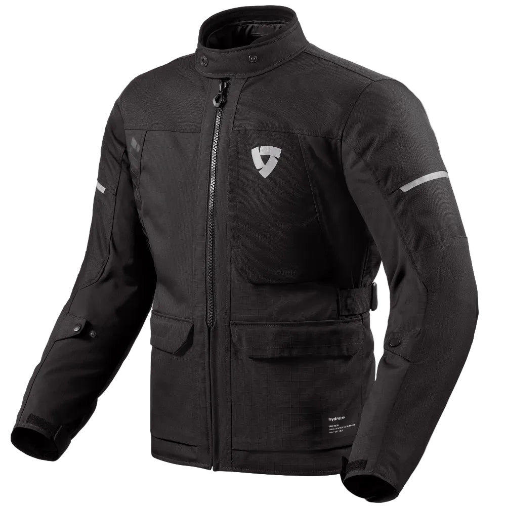 Black jacket with a brand logo on a light gray background