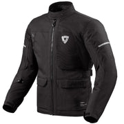Black jacket with a brand logo on a light gray background