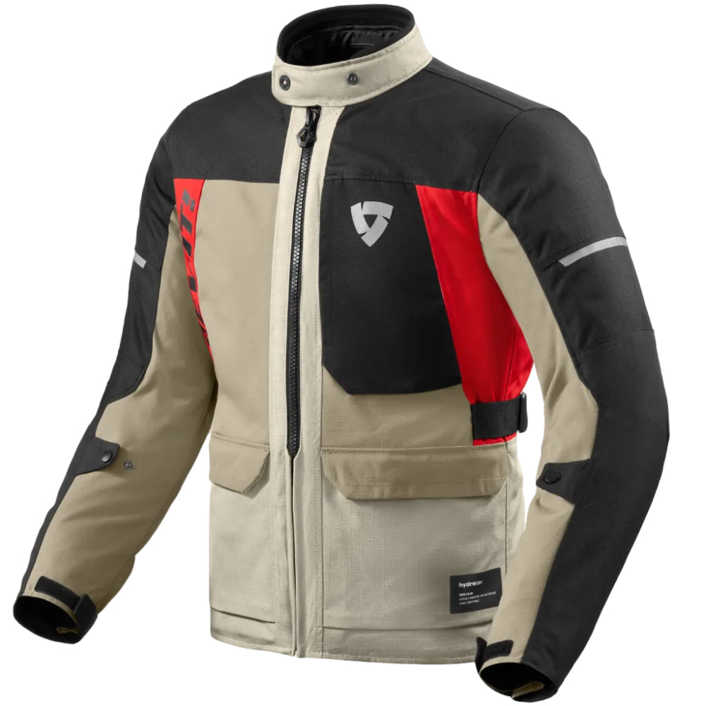 Motorcycle jacket with black, beige, and red design on a white background