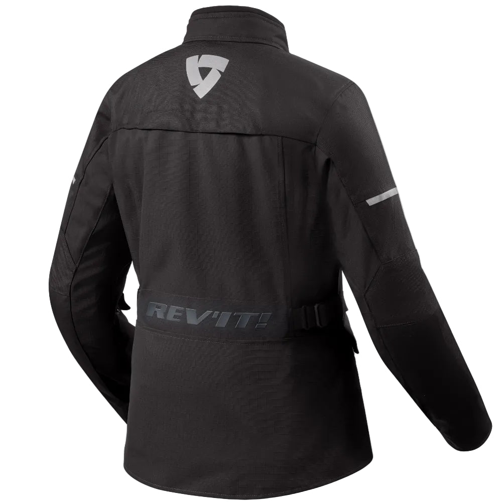 Black motorcycle jacket with Rev'it logo on a white background