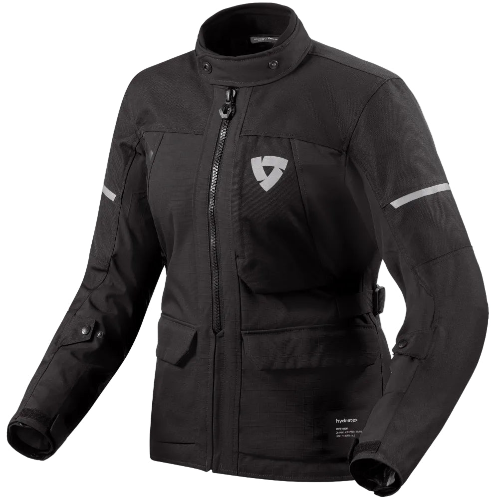 Black motorcycle jacket with a brand logo on a white background