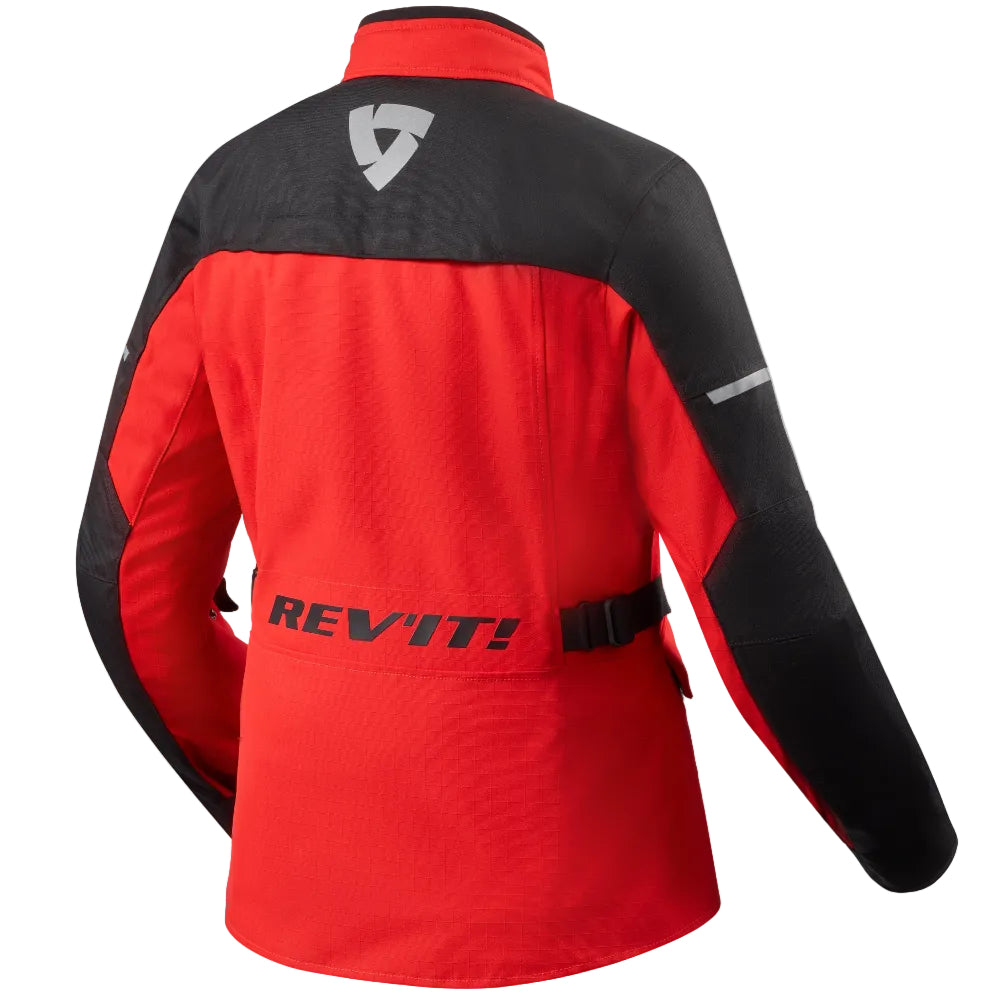 Red and black long-sleeve motorcycle jacket shown from the back, featuring a high collar, a black shoulder panel with a silver REV'IT! shield logo, and 'REV'IT!' text across the lower back.