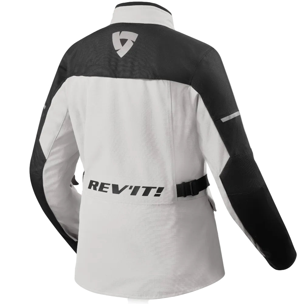 Black and white jacket with Rev'it! branding on a light gray background