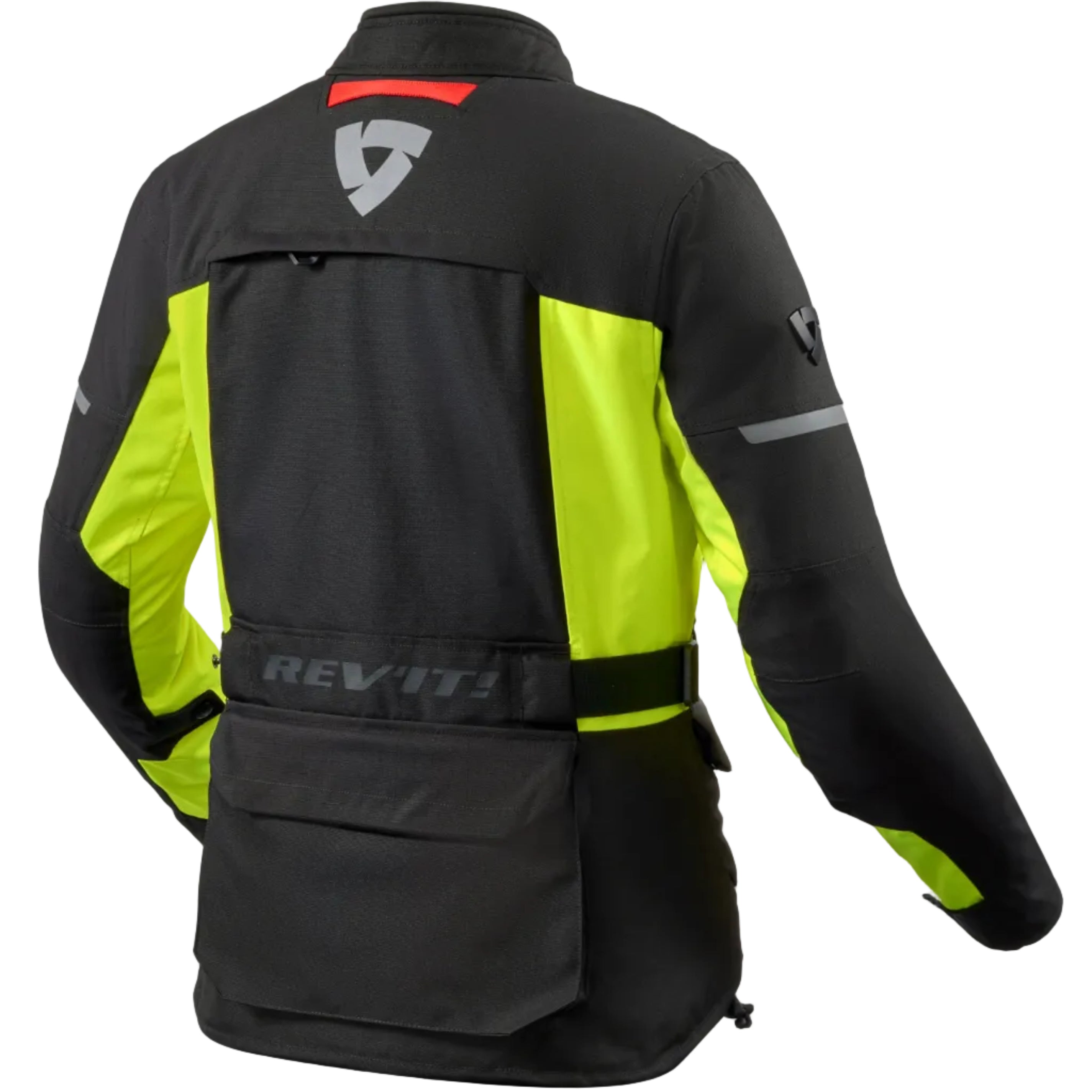 Black and neon green motorcycle jacket with Rev'it logo on a white background