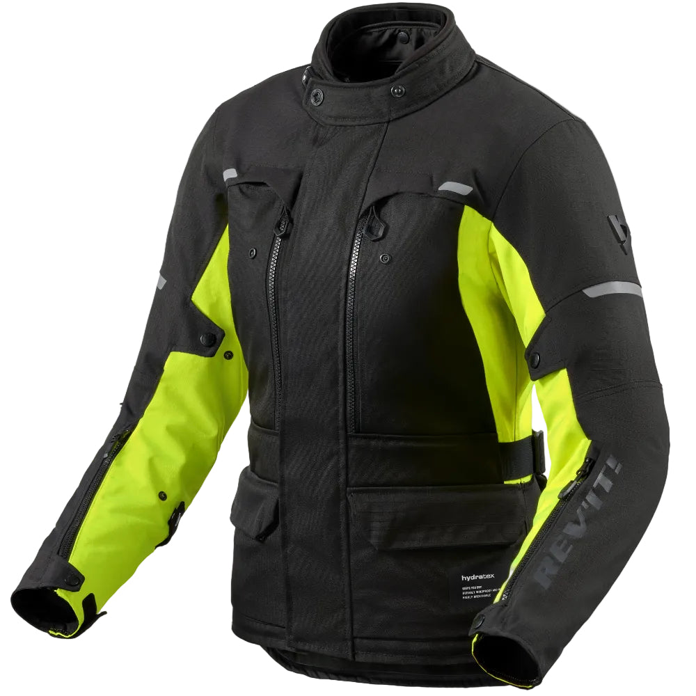 A black and neon yellow-green motorcycle jacket with reflective silver stripes and the brand name REV'IT! printed on the sleeve, shown on a plain white background.