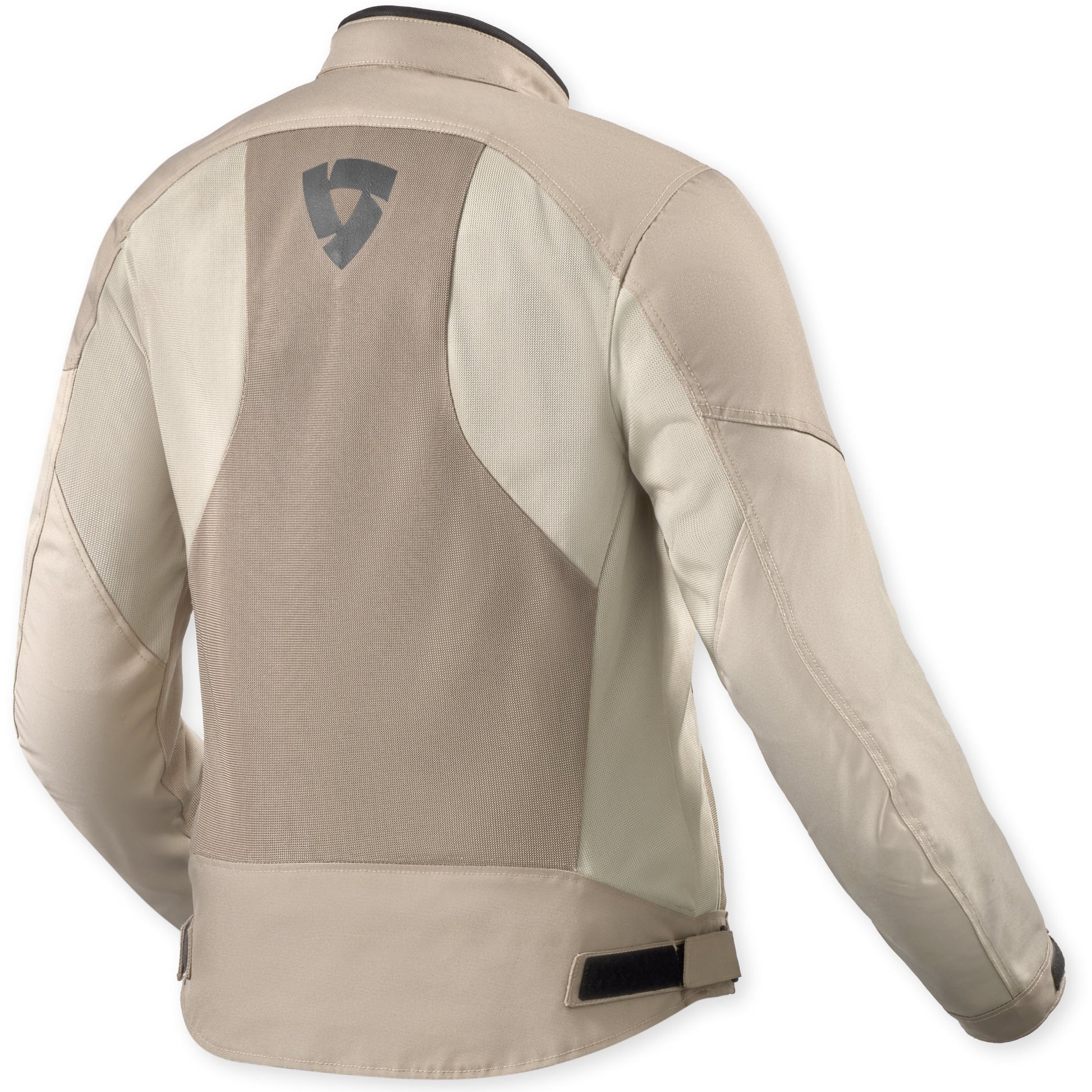 Beige motorcycle jacket with a brand logo on the back against a white background
