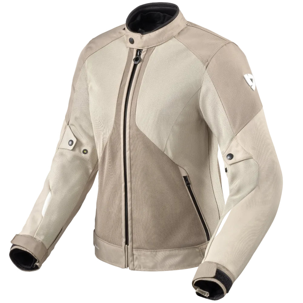 Beige motorcycle jacket with black accents on a white background
