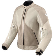 Beige motorcycle jacket with black accents on a white background