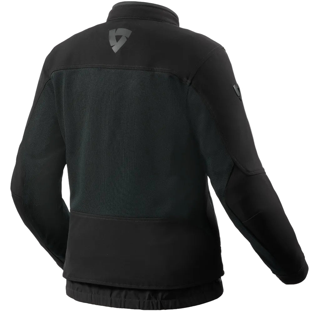 Black and dark green technical jacket shown from the back, featuring a high collar, a dark gray shield logo on the upper back, and reinforced paneling on the shoulders and sleeves, set against a plain white background.