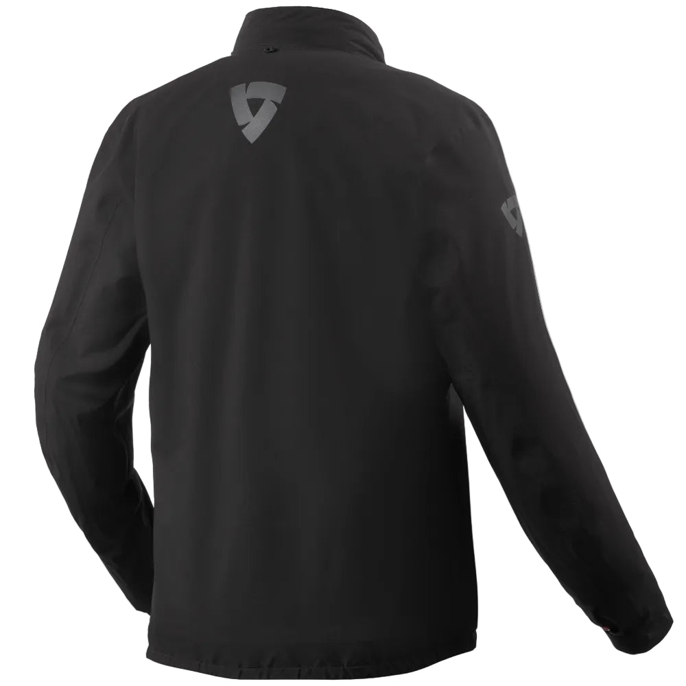 Black jacket with a logo on the back against a white background