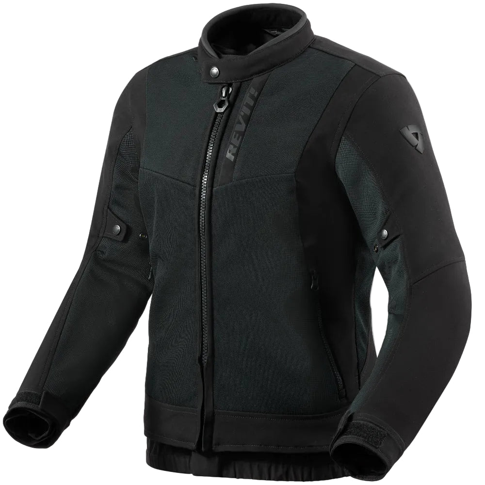 A black and dark gray technical motorcycle jacket with a full front zipper, stand collar, and visible Dainese branding on the chest and shoulder.