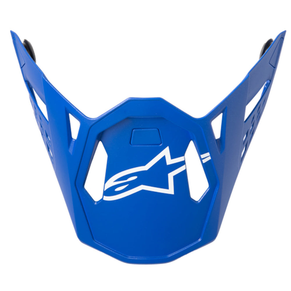 Blue helmet visor with a logo on a white background
