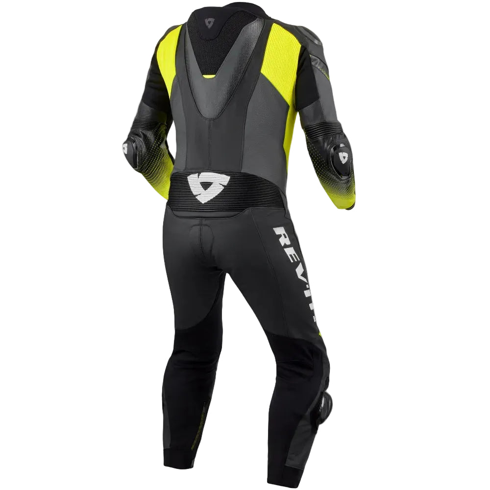 Black and yellow motorcycle suit with 'Rev' branding on a white background