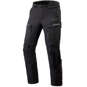 Black technical outdoor pants with multiple zippered pockets, reinforced knee panels, and a belt loop, shown on a plain white background.