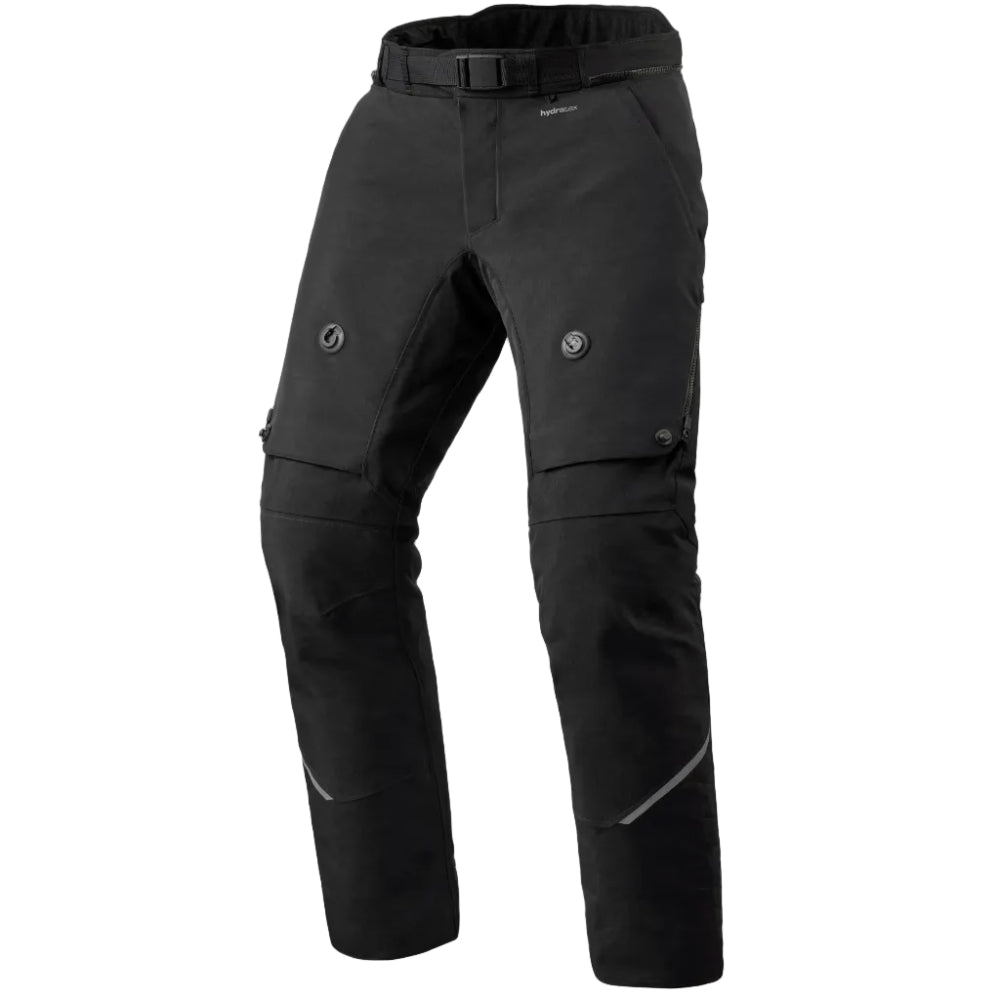 Black technical riding pants with a built-in belt, cargo pockets, and knee reinforcement details, shown on a plain white background.