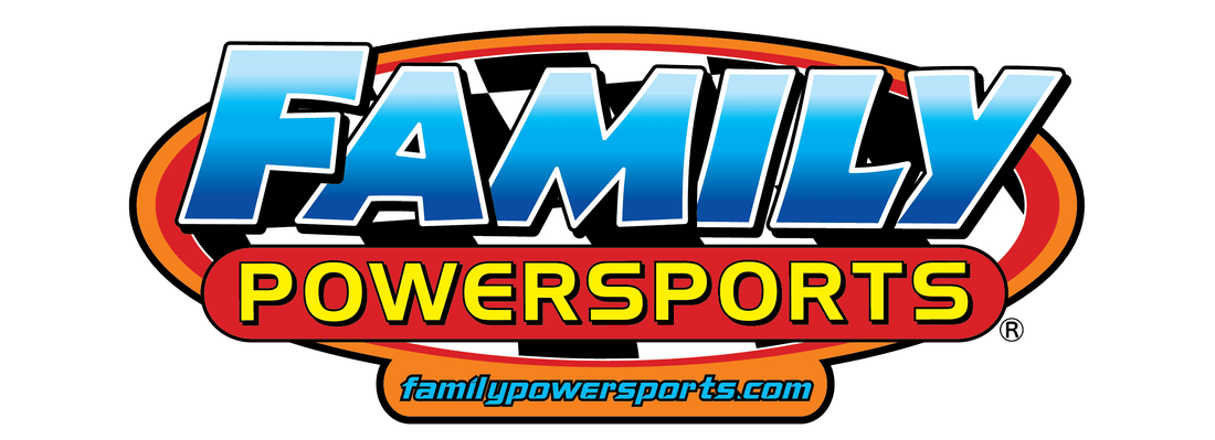 Family Powersports logo with colorful text and a red border on a white background