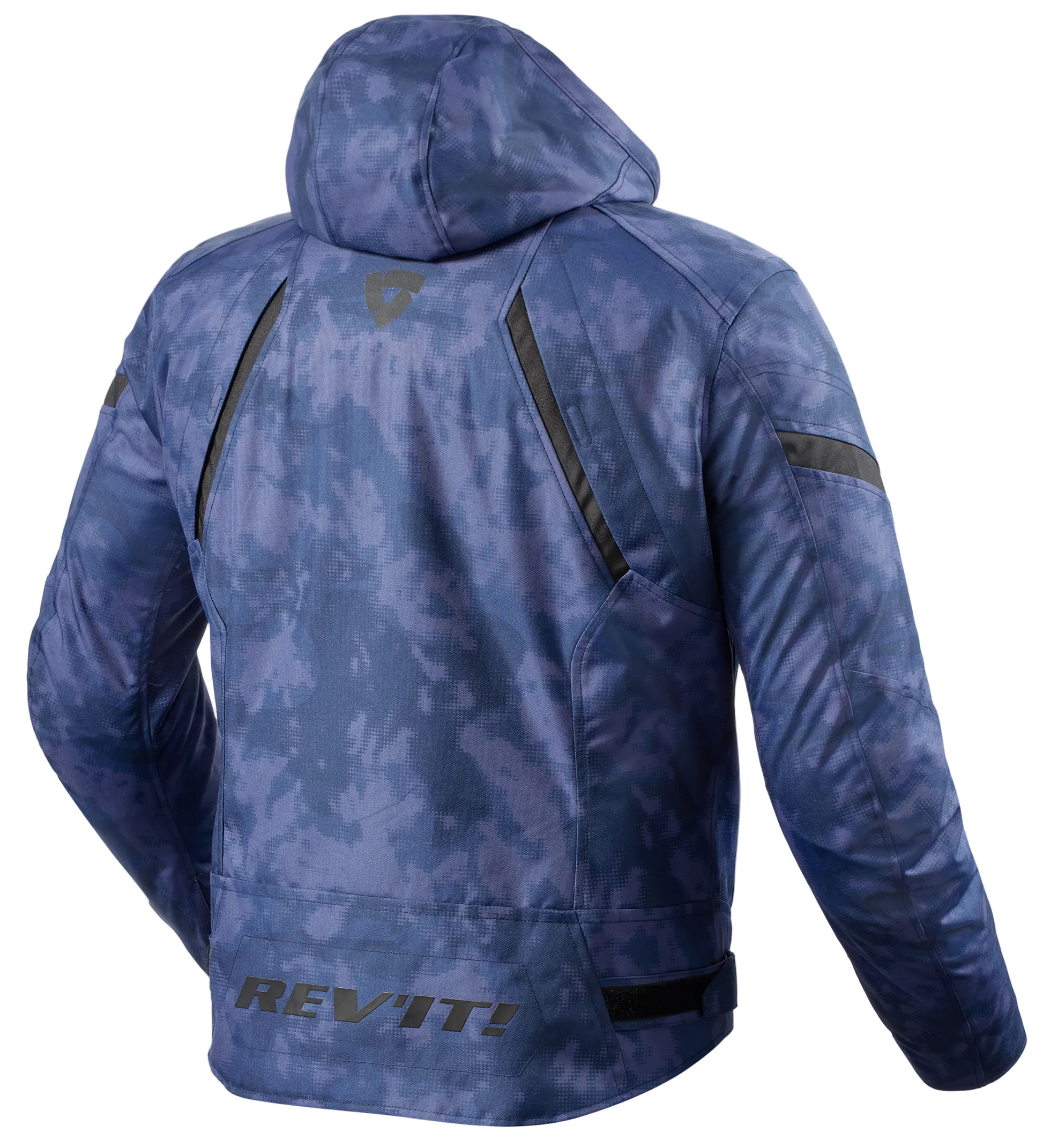 A blue and purple camouflage hooded jacket shown from the back, featuring a subtle camo pattern, black zipper details, and the REV-IT! brand name printed in black near the bottom.