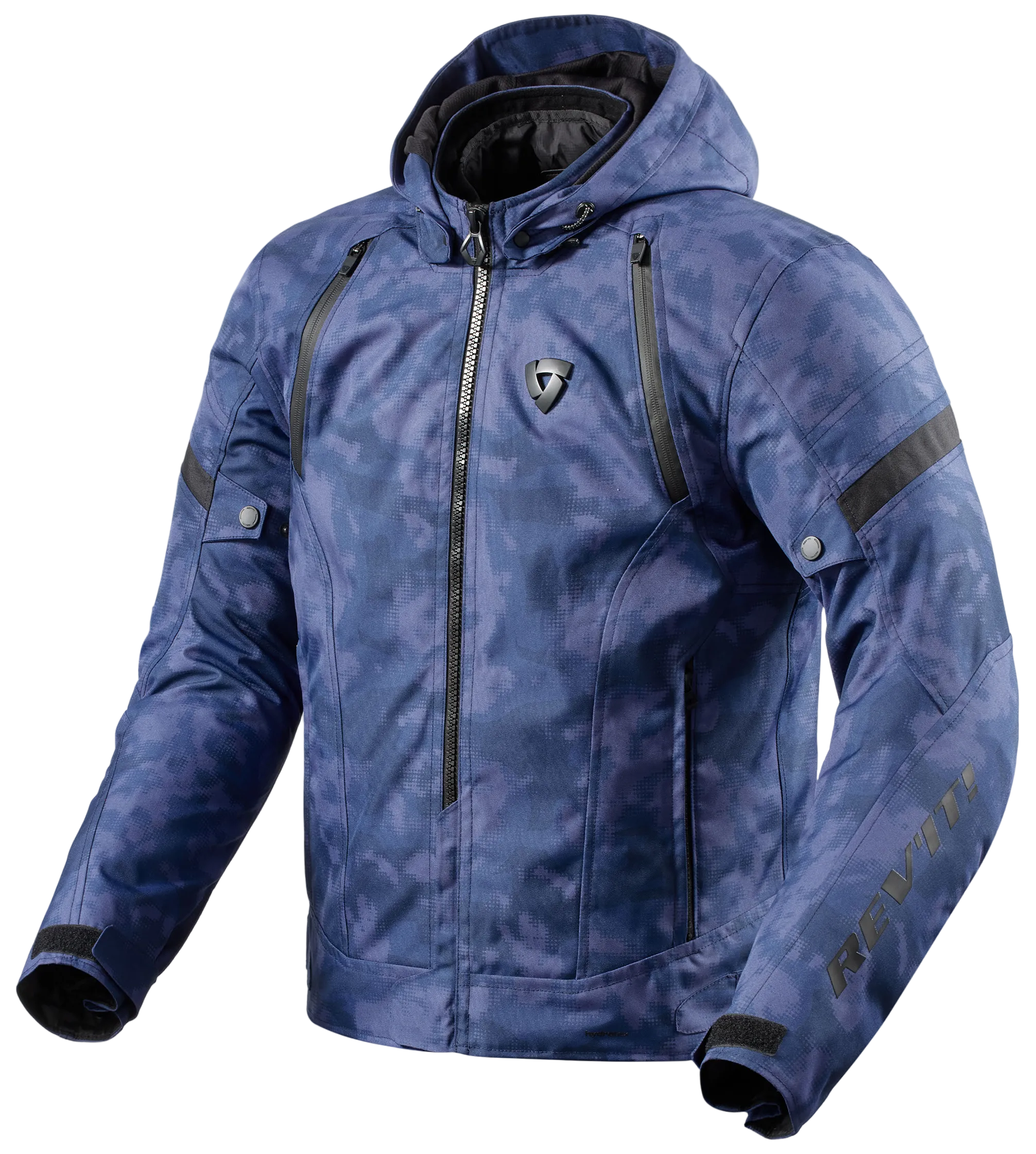 A blue camouflage motorcycle jacket with a hood, black zippers, and 'REV'IN' branding on the sleeve, shown against a light beige background.