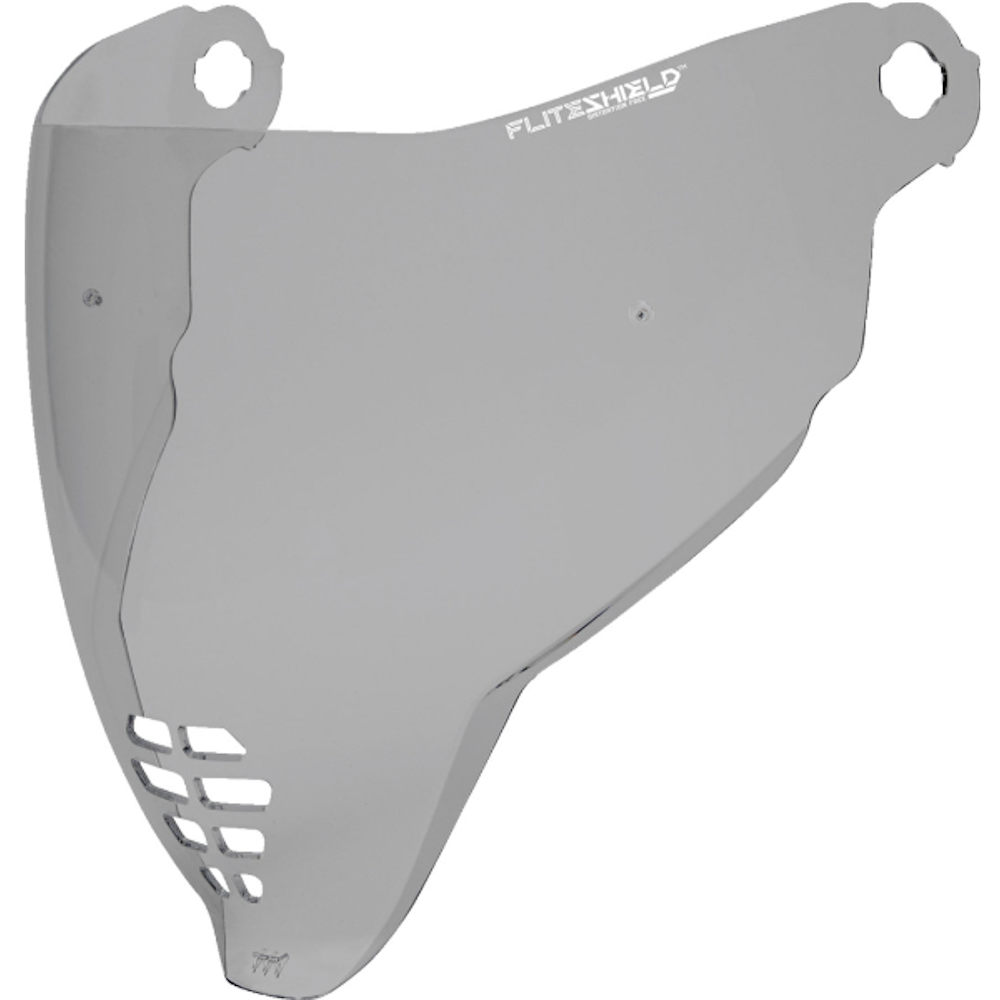 A metallic silver motorcycle helmet shield on a white background
