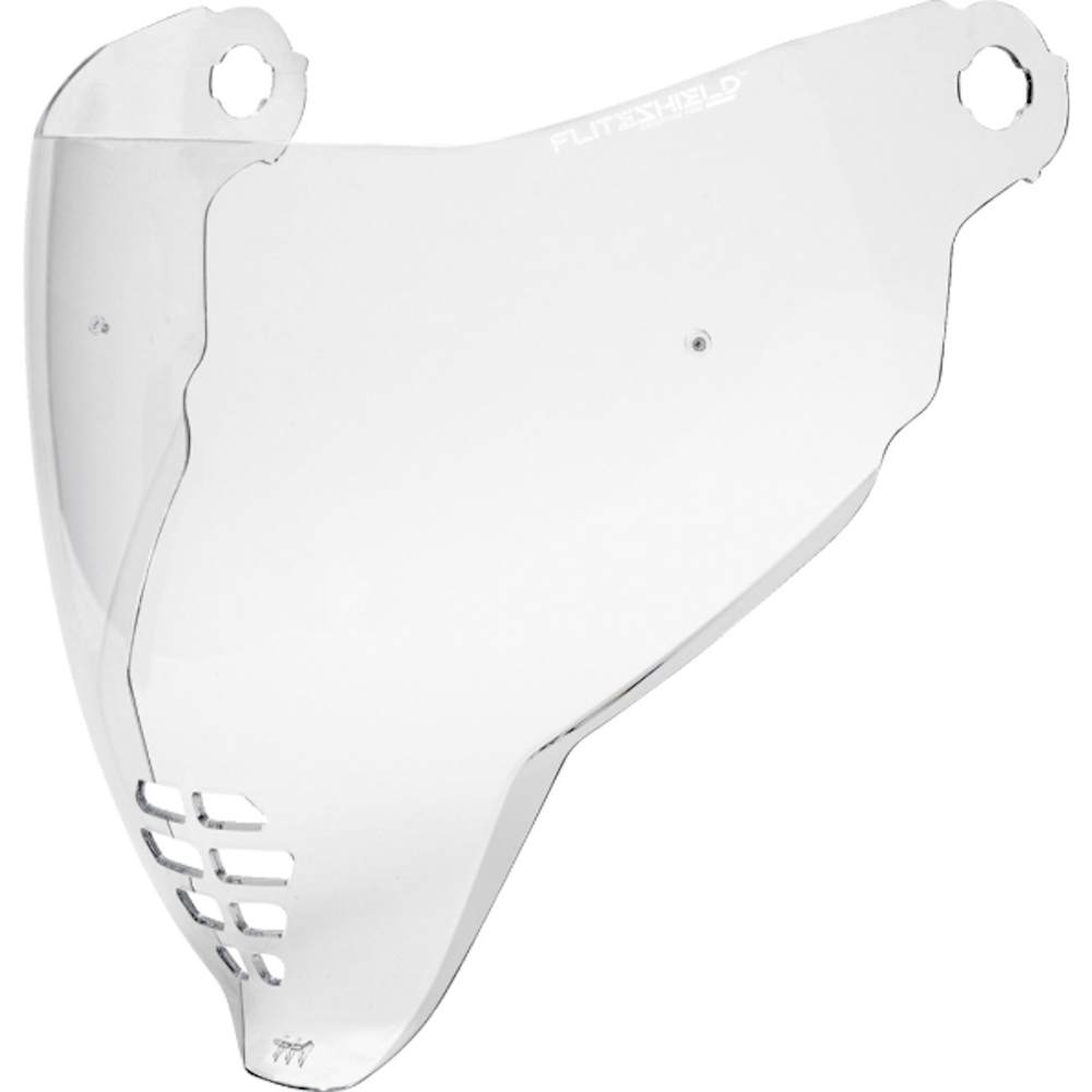 Clear plastic motorcycle face shield with ventilation slots and FLITESHIELD branding, shown on a white background.