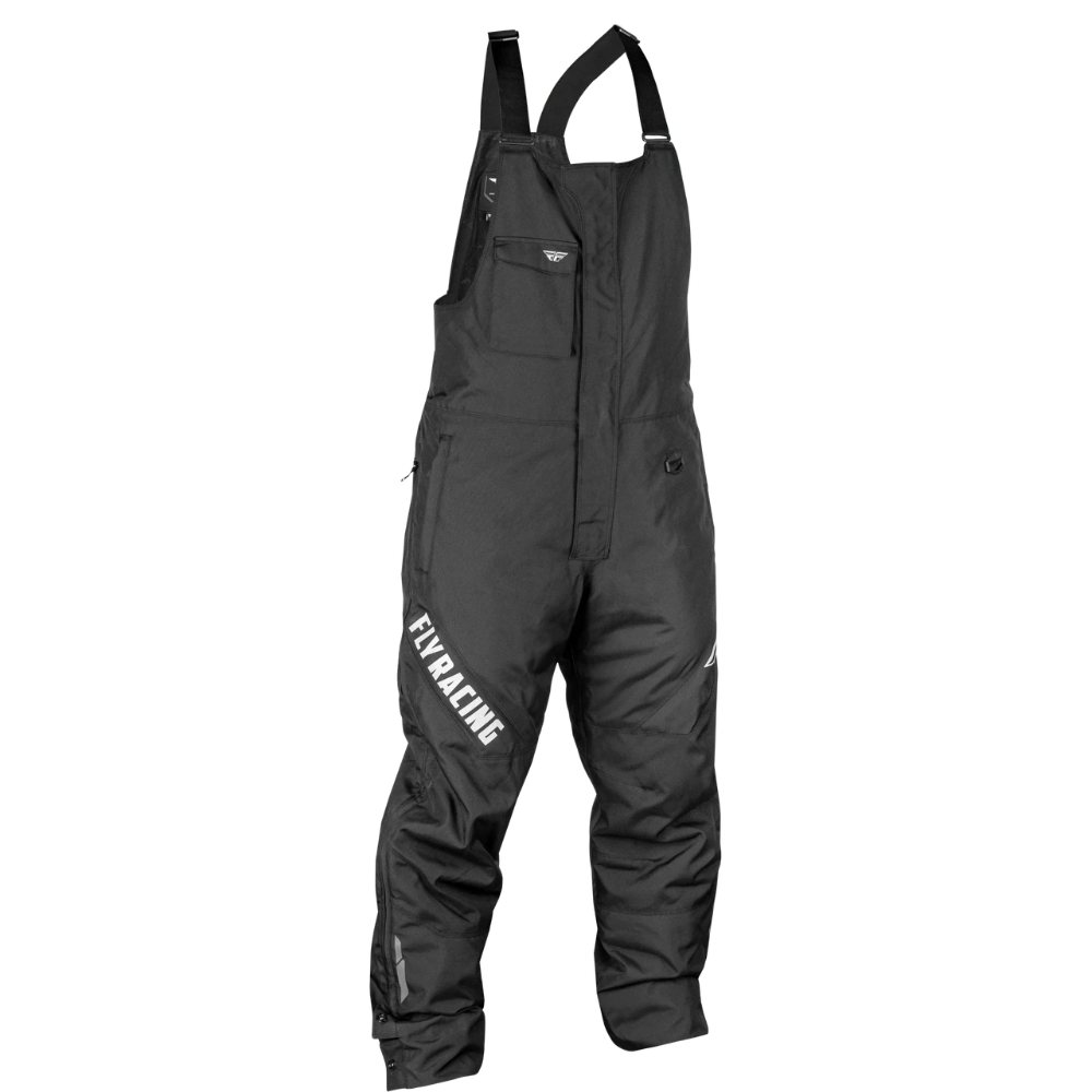 Black waterproof bib overalls with adjustable shoulder straps, an elastic waist, and white stylized wing logos on the chest and lower leg, shown on a plain white background.
