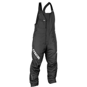 Black waterproof bib overalls with adjustable shoulder straps, an elastic waist, and white stylized wing logos on the chest and lower leg, shown on a plain white background.