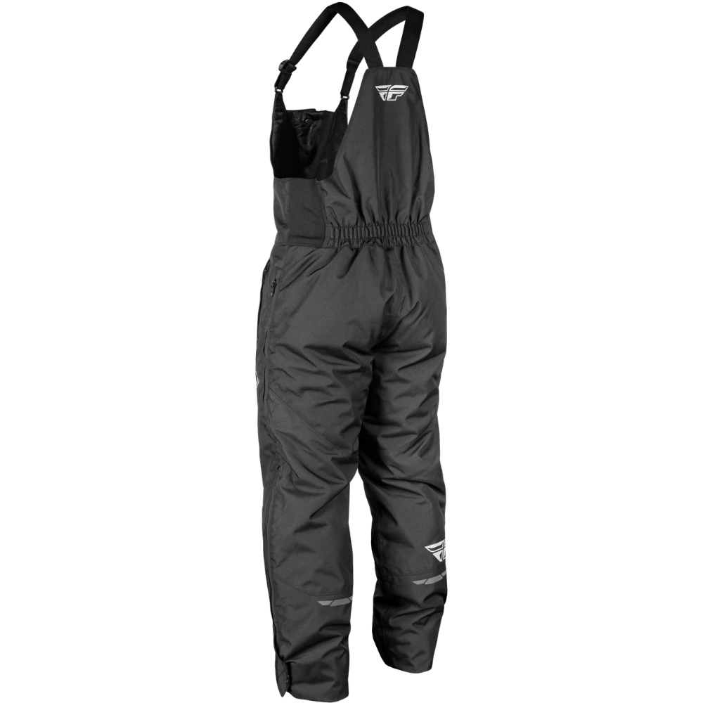 Black waterproof bib overalls with adjustable shoulder straps, an elastic waist, and white stylized wing logos on the chest and lower leg, shown on a plain white background.