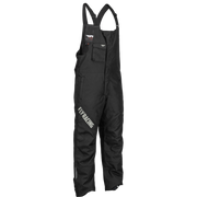 Black Fly Racing bib overalls with adjustable shoulder straps, multiple zippered pockets, and white 'FLY RACING' text printed on the left leg, shown against a plain white background.