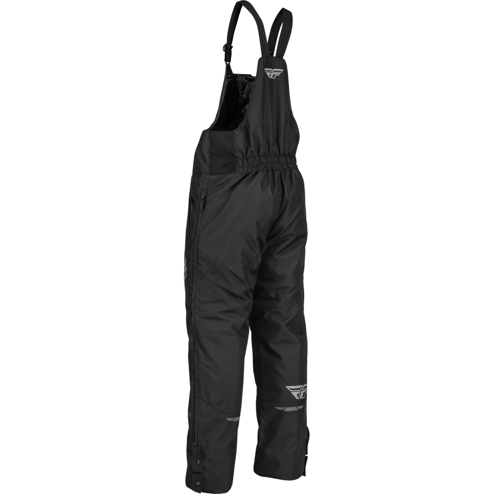 Black insulated bib overalls with adjustable shoulder straps and a small white logo on the chest and lower leg, shown against a plain white background.