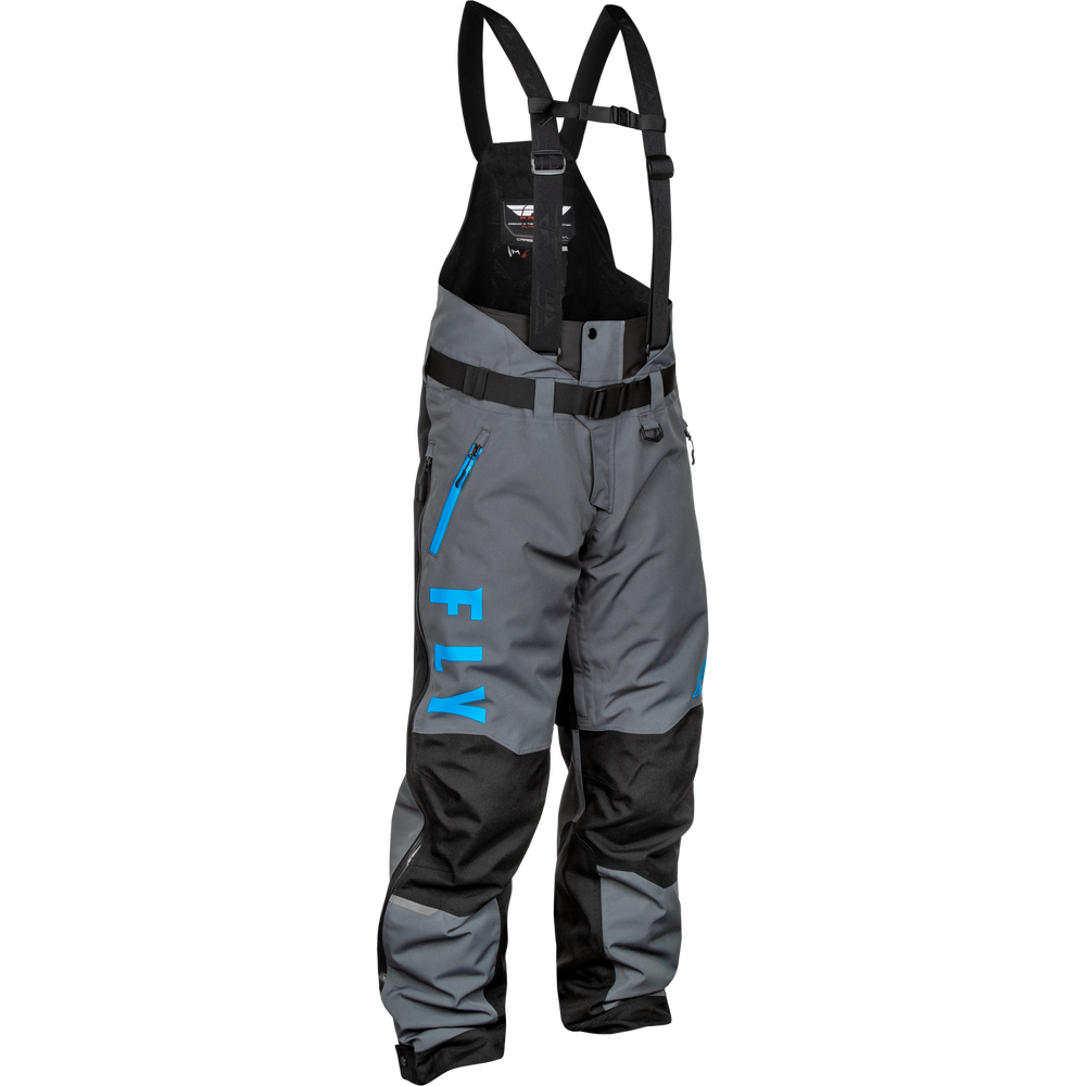 Gray and black Fly bib pants with bright blue vertical FLY branding on the left leg, shown on a plain white background.